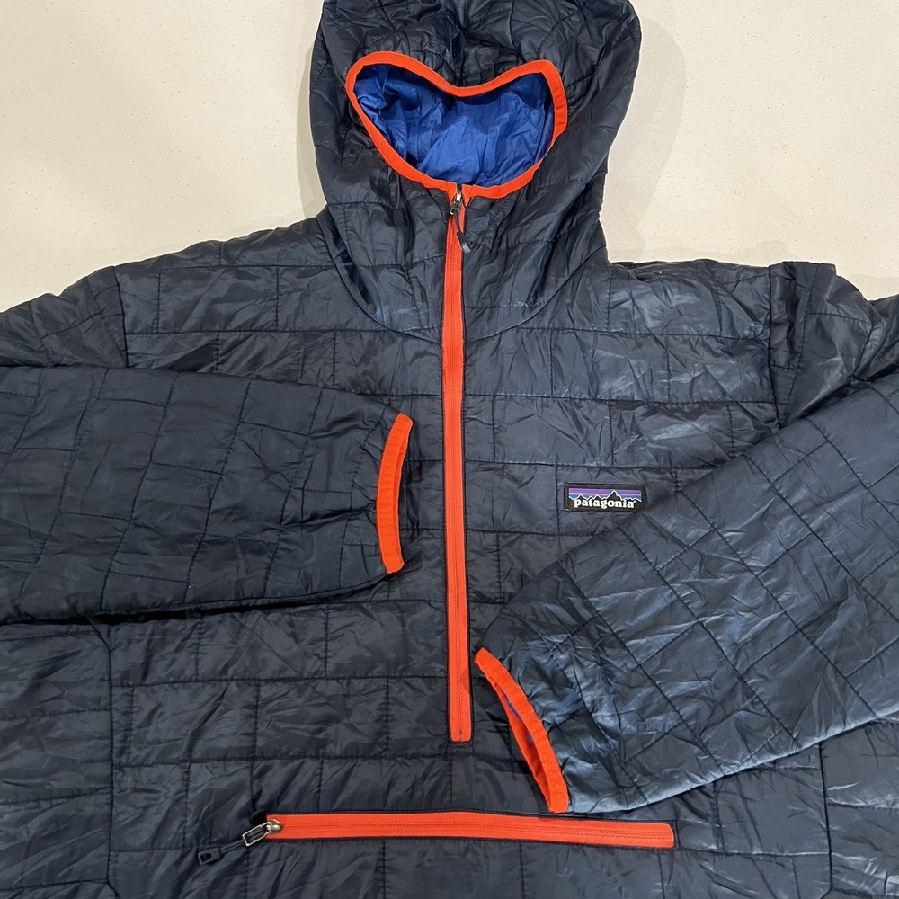 Patagonia Nano Puff Bivy Pullover Primaloft Jacket Men's M Navy Orange Kangaroo